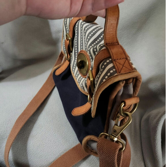 Fossil Brand Canvas Flap Twist Lock Messenger Bag Crossbody Purse Blue Leather - Picture 13 of 13